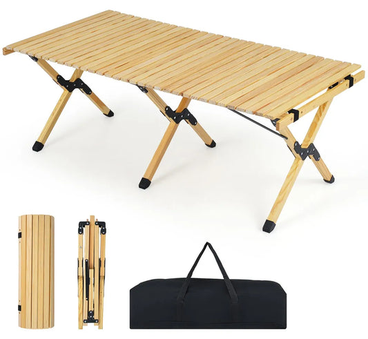 Table de camping pliable Coast 122 × 60 × 45 cm – Table de pique-nique en bois pour 4 à 6 personnes avec plateau enroulable et sac de transport – Naturel