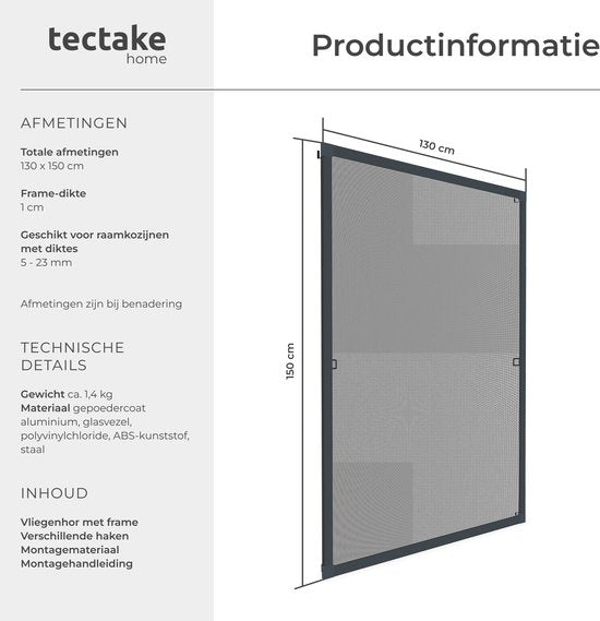 tectake® Moustiquaire à encastrer - Moustiquaire de fenêtre - 130 x 150 cm - Pour cadres de fenêtre, réglable sur mesure sans perçage ni vis - Moustiquaire anti-moustiques - Anthracite