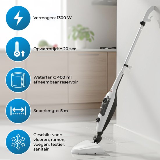 Powell Steam Cleaner - Nettoyeur à vapeur portatif - 2 en 1 - Nettoyeur de tapis - Nettoyeur à vapeur de sol - 10 accessoires inclus - 240 V - 1300 W - Noir/Blanc