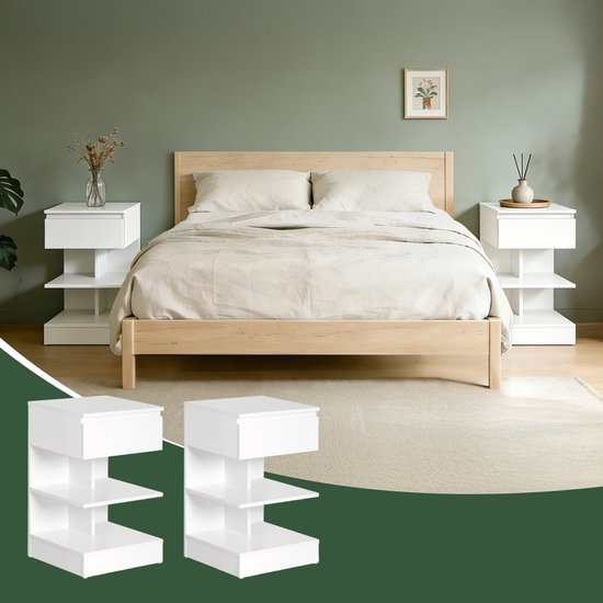 SoBuy Lot de 2 tables d'appoint, table de nuit avec 1 tiroir et 3 étagères, table basse au design scandinave pour le salon ou la chambre, blanc, 39x65x39cm, FBT49-Wx2
