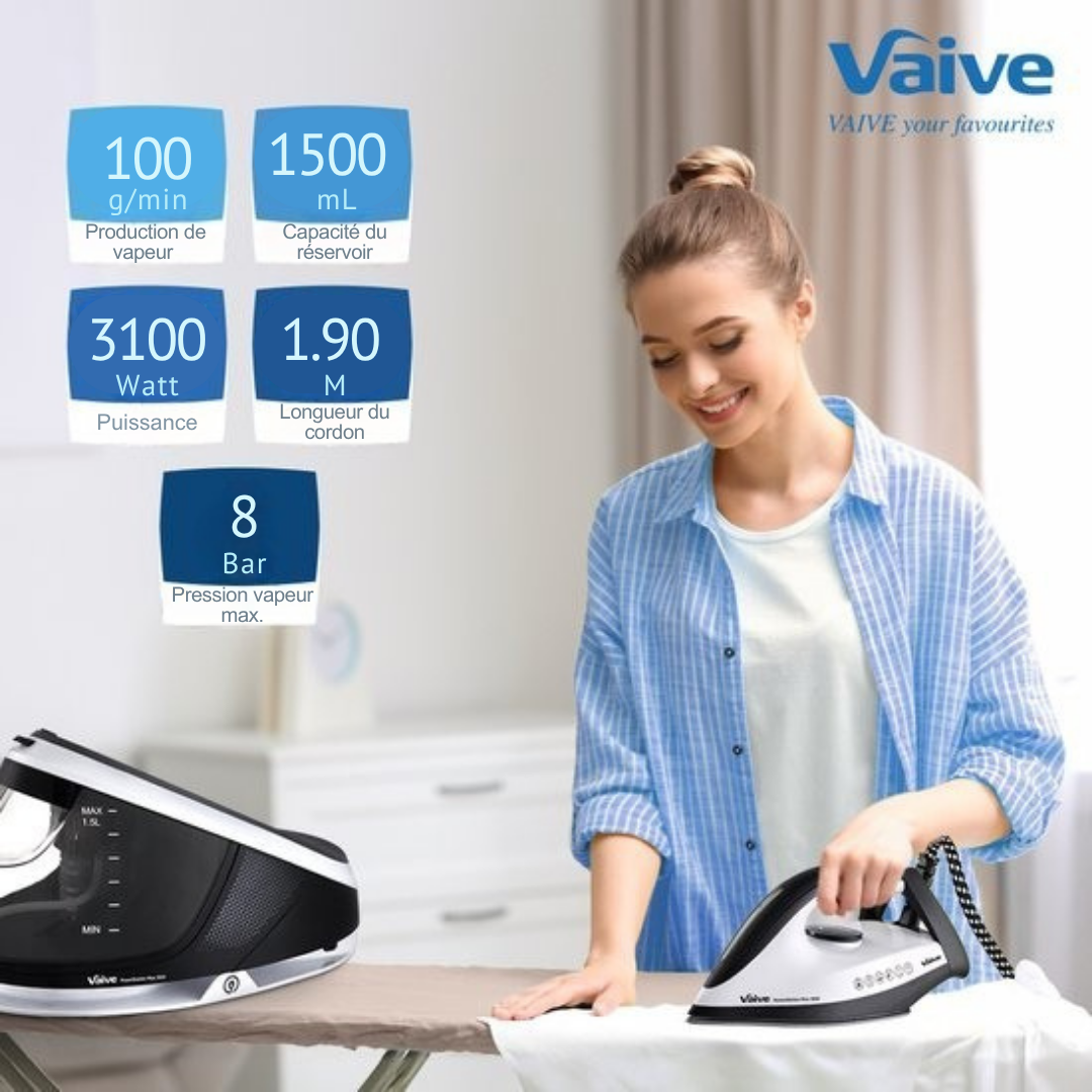 Fer à vapeur VAIVE - 3100W - Réservoir d'eau de 1,5 L - Cordon d'1,9 m - Noir/blanc