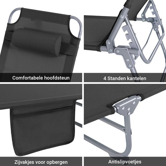 Chaise longue pliable SoBuy, chaise longue de jardin réglable avec appui-tête et sac de rangement, chaise de détente ergonomique pour l'extérieur, le jardin, le balcon et la terrasse, noire, OGS35-SCH