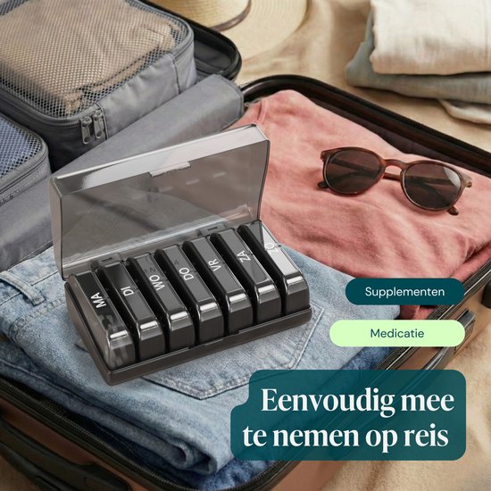 Boîte à comprimés Gandria 7 jours, 2 compartiments - En néerlandais - Boîte à médicaments avec fermeture solide - Compartiments amovibles pour les déplacements - Noir