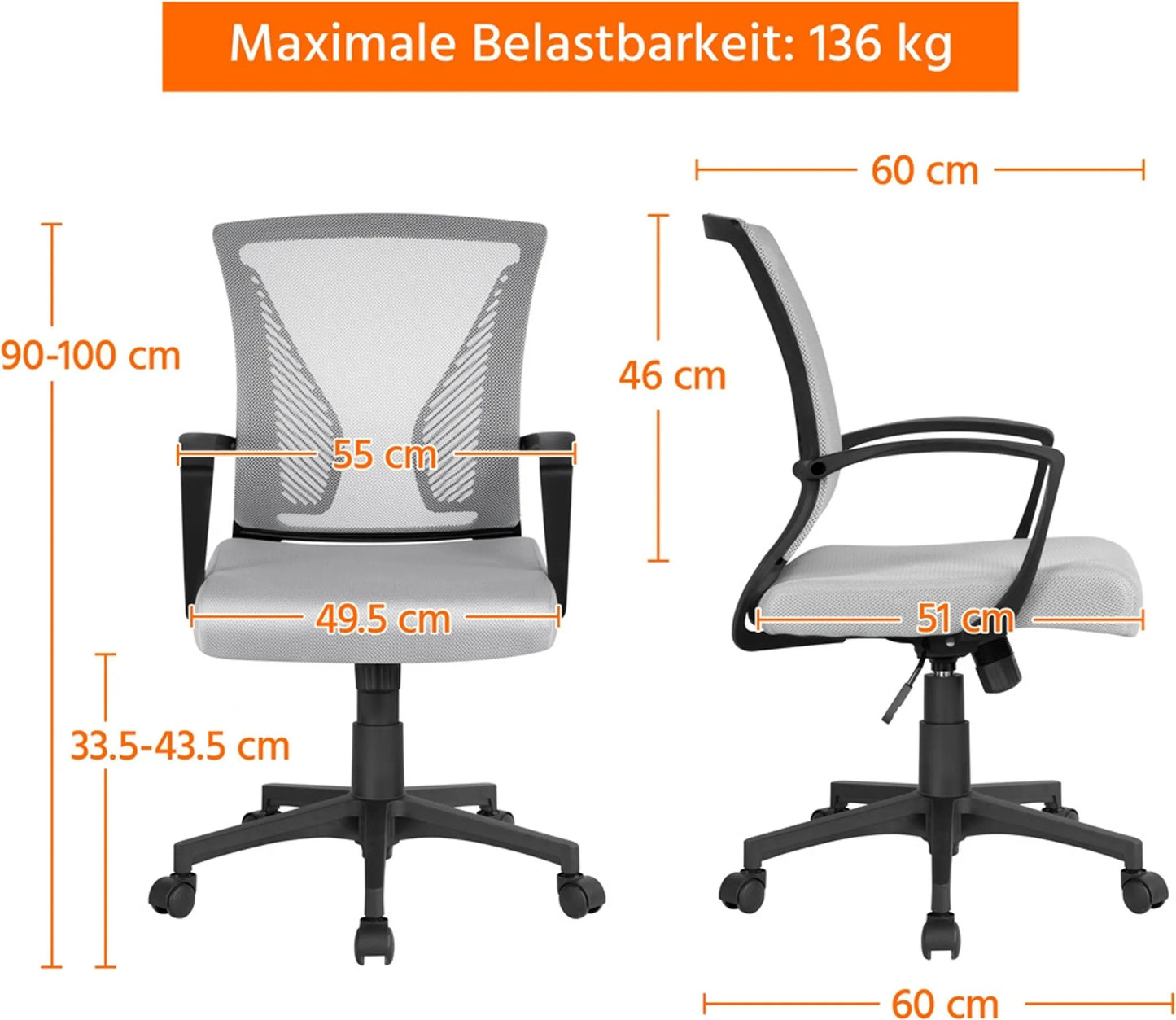 Chaise de bureau ergonomique Yaheetech - avec tissu en maille respirant, fonction oscillante et hauteur d'assise réglable - pour le bureau et l'étude - Nylon gris et métal - 60 x 60 x 91-100,5 cm