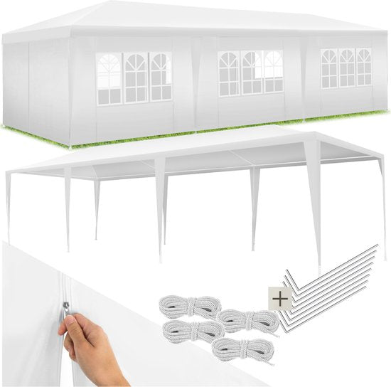 tectake® Pavillon Miramas - Tente de réception 9x3 m - Blanc - 8 panneaux latéraux amovibles - Pavillon de jardin résistant aux UV et à l'eau - Lignes de tension et piquets inclus - Auvent
