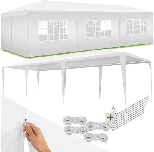 tectake® Pavillon Miramas - Tente de réception 9x3 m - Blanc - 8 panneaux latéraux amovibles - Pavillon de jardin résistant aux UV et à l'eau - Lignes de tension et piquets inclus - Auvent
