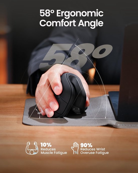 Souris verticale ergonomique – Souris ergonomique sans fil – Bluetooth et 2,4 GHz – Rechargeable via USB-C – Compatible avec 3 appareils – DPI réglable – Silencieuse – Noire (pour droitiers)