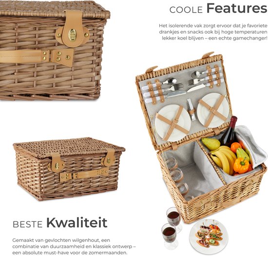 tectake® complete Picnic Basket Set Terschelling - Luxury 21-piece Picnic Set for 2 - Wicker Picnic Basket - Includes Cooler, Set with Plates, Plastic Wine Glasses and Stainless Steel Cutlery
