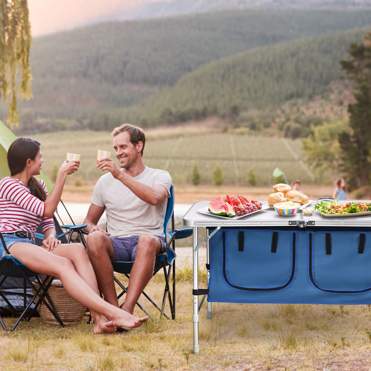 Table de camping Coast avec espace de rangement - hauteur réglable - pliable - bleu foncé 120 x 60 cm