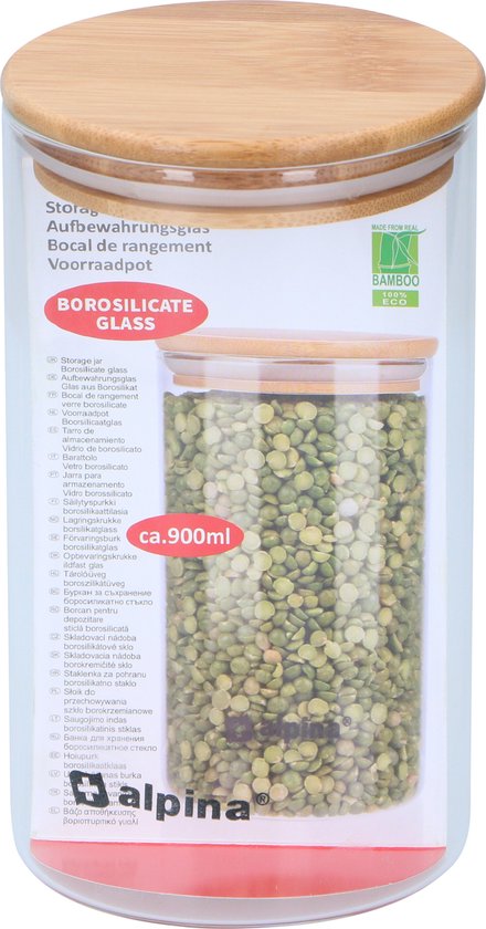 alpina Stockpot 900ML - Pot en verre avec couvercle - Pot de stockage en verre borosilicate/bambou