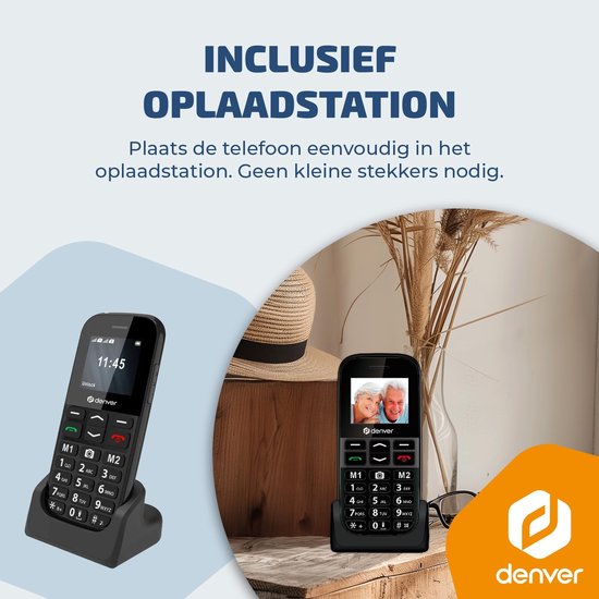 Téléphone portable Denver pour seniors 4G - Grandes touches - Bouton SOS - Grandir sans smartphone - Station de recharge - GSM - Bluetooth - Radio FM - Entièrement en néerlandais et en français - Modèle 2026 - BAS18800L