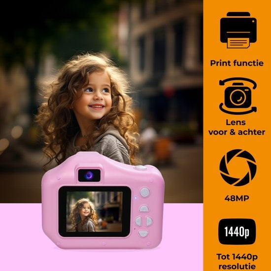 Denver Kids' Camera Full HD with Printer - Selfie Camera - 48MP - Digital Camera Kids - Photo and Video - Games - KPC1370 - Pink