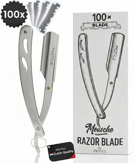 Rasoir de barbier ProTrue avec 100 lames - Rasoir shavette à lame ouverte - Rasoir de coiffeur classique - Rasoir de sécurité - Rasoir droit