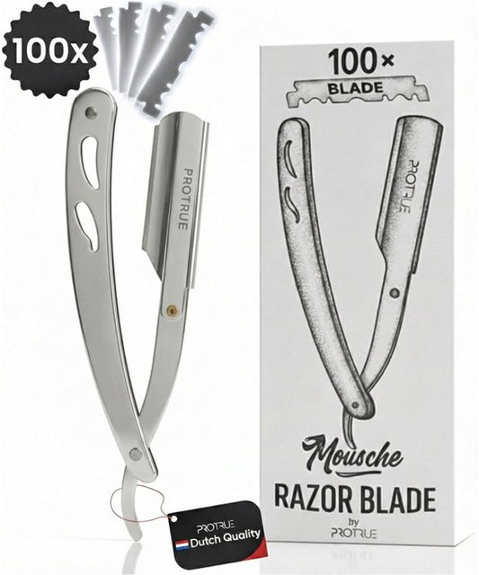 Rasoir de barbier ProTrue avec 100 lames - Rasoir shavette à lame ouverte - Rasoir de coiffeur classique - Rasoir de sécurité - Rasoir droit