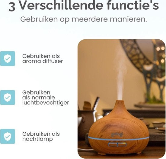 Gologi Smart Aroma Diffuser - 550ML - Humidificateur - Diffuseur de parfum - Eclairage LED - 2 huiles essentielles incluses - Marron clair