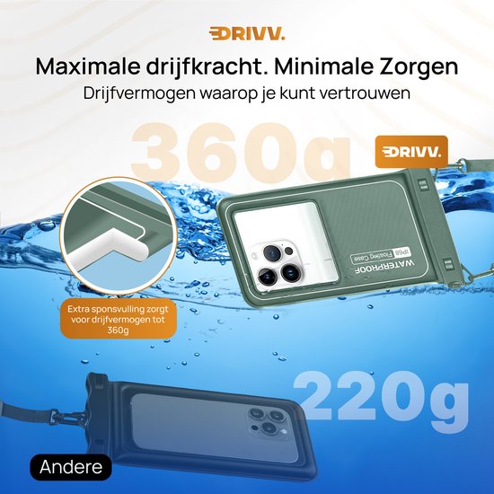 Drivv. Étui étanche de luxe pour téléphone portable - flottant - fermeture à double clip - téléphones jusqu'à 6,8 pouces - étui étanche pour téléphone portable - vert armée
