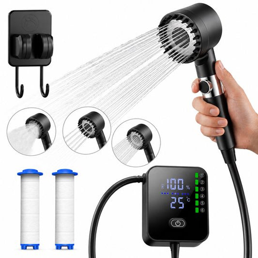 Douche de camping rechargeable avec 2 filtres à eau - 24 douches - 3 réglages (brume, normal, jet puissant) - Douche d'extérieur pour le camping, les chiens, la voiture, le vélo et le camping-car - FLOAT Oasis