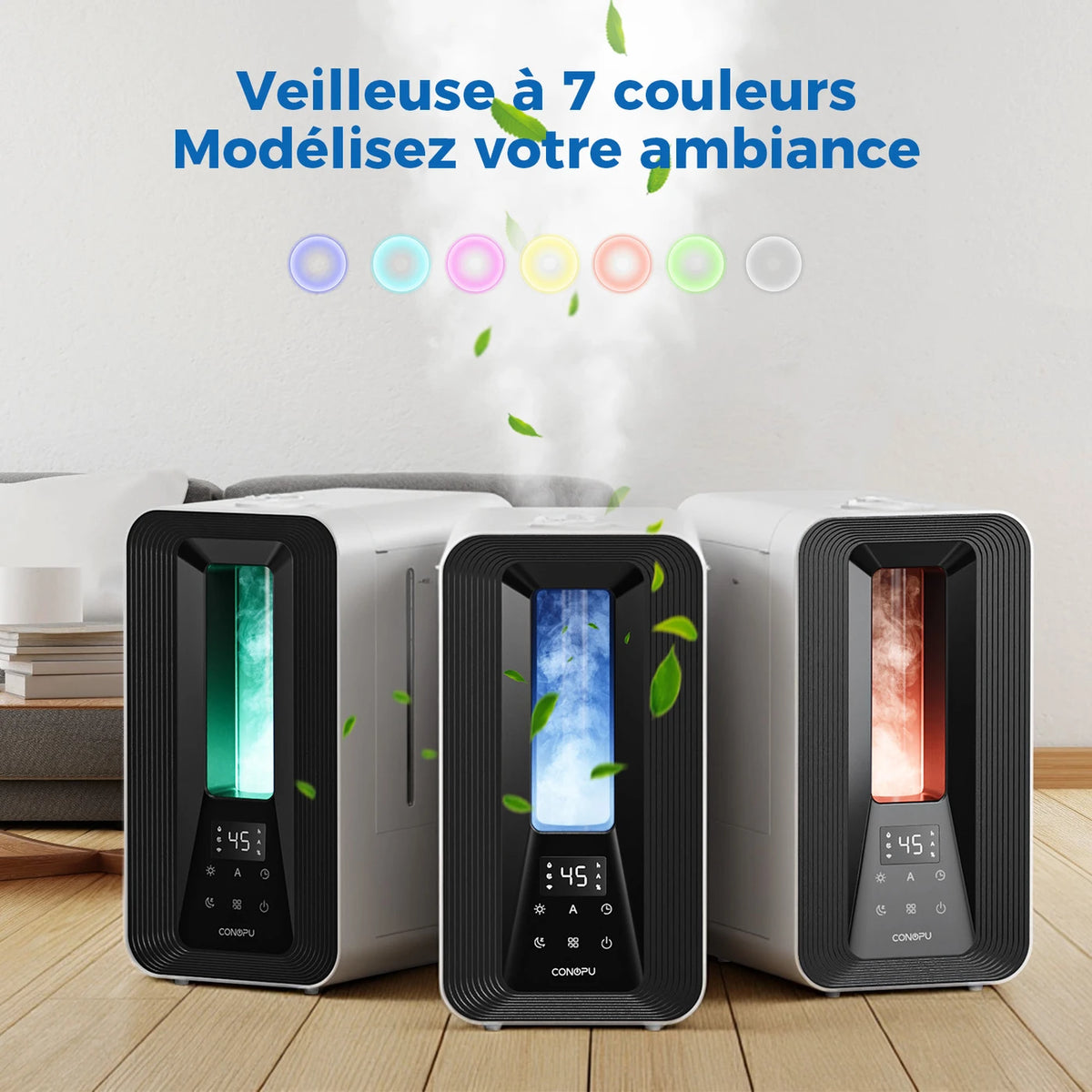 Humidificateur à ultrasons Conopu 5 L - Contrôle intelligent de l'humidité - Buses de pulvérisation à 360° - Diffuseur d'arômes - Éclairage d'ambiance LED - Noir - 170 x 240 x 327 mm