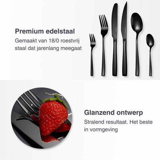 Deleca 12 Person Cutlery Set Essential (72 pieces) - Spoons, Knives, Forks, Steak Knives & Pastry Forks - Dishher Safe Cutlery - Shiny Black / Stainless Steel