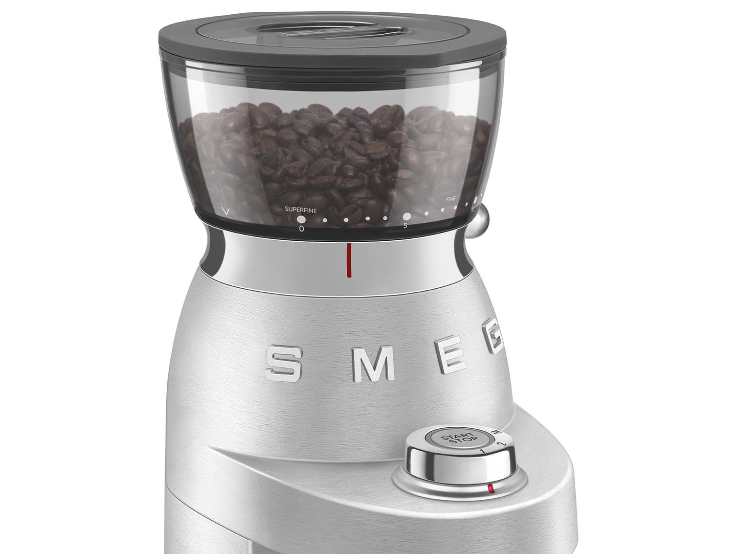 Moulin à café Smeg en aluminium CGF02SSEU – Meule conique avec 50 niveaux de mouture – Argent / Acier inoxydable