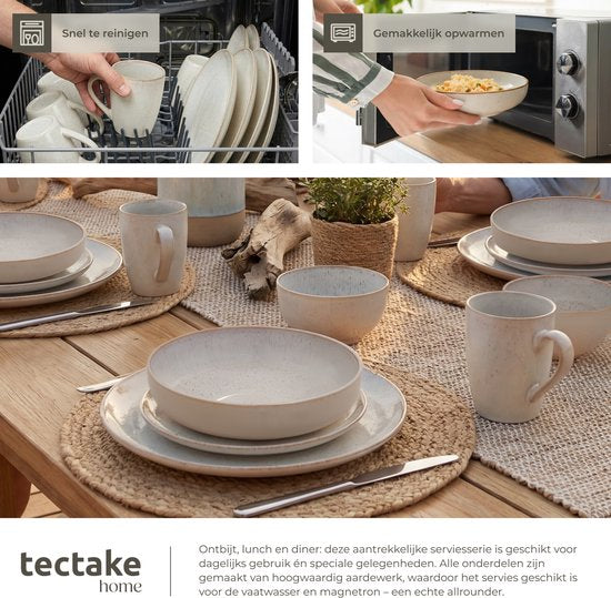 tectake® Service de table Mare - 30 pièces - Faïence à émail brillant - Pour 6 personnes - Service de table fait main - Service de table moderne comprenant des grandes et petites assiettes, des bols, des petits plats et des tasses - Lavable au lave-vaisse