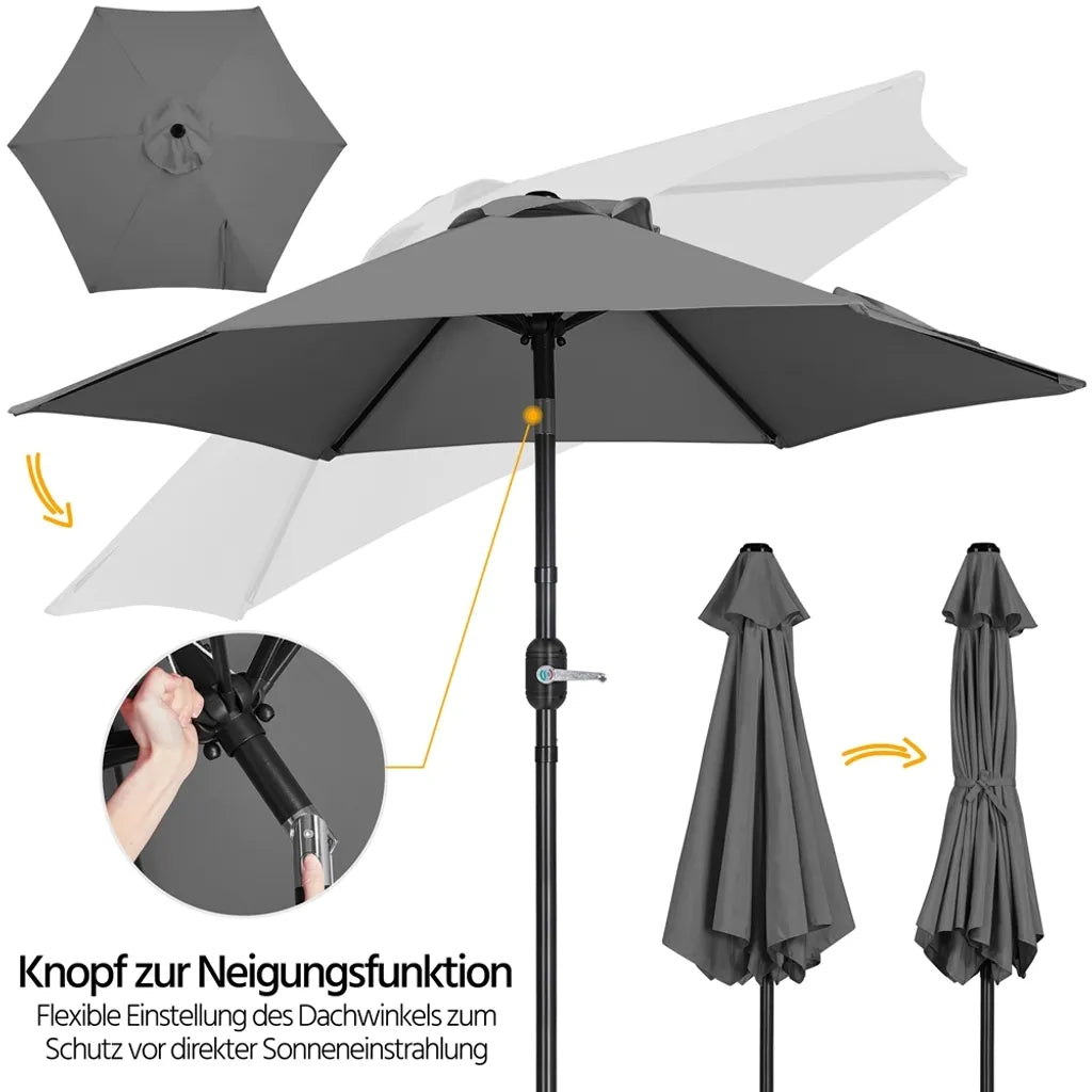 Parasol Yaheetech Ø 226 cm – Gris – 226 x 226 x 240 cm – Avec système de balancement et fonction d'inclinaison