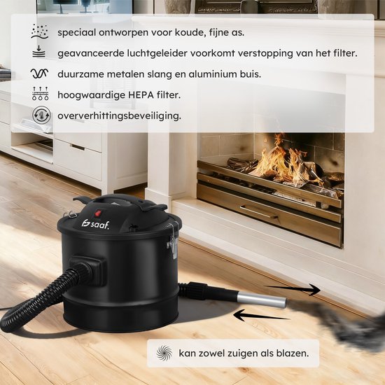 Aspirateur à cendres - Puissance 800W - Aspirateur à cendres - avec système de filtre HEPA - Tube en aluminium - Aspirateur à cendres pour poêle à pellets - 15L - Noir - de Saaf