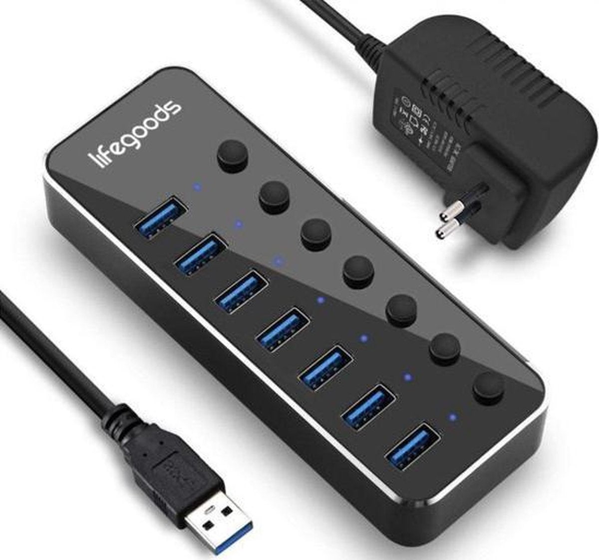 Auronic USB Hub 3.0 - Répartiteur USB avec 7 ports - avec alimentation - 5 GBP - Indication Led - Noir