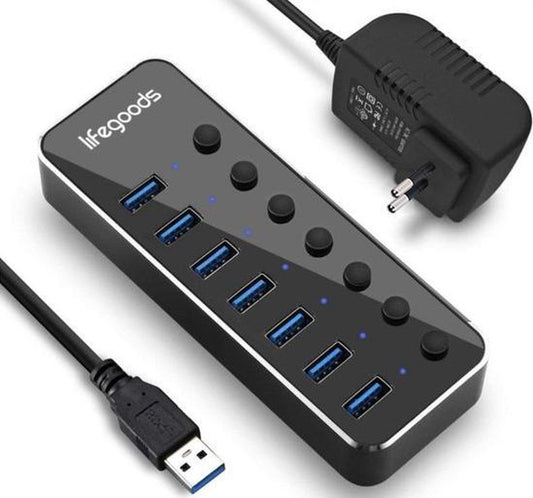 Auronic USB Hub 3.0 - Répartiteur USB avec 7 ports - avec alimentation - 5 GBP - Indication Led - Noir