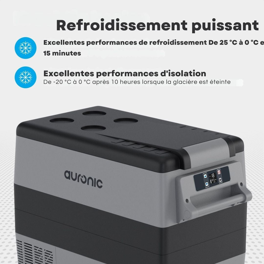 Glacière électrique à compresseur Auronic - 49.5L - Chargeur voiture 12V Prise de courant 230V - Gris