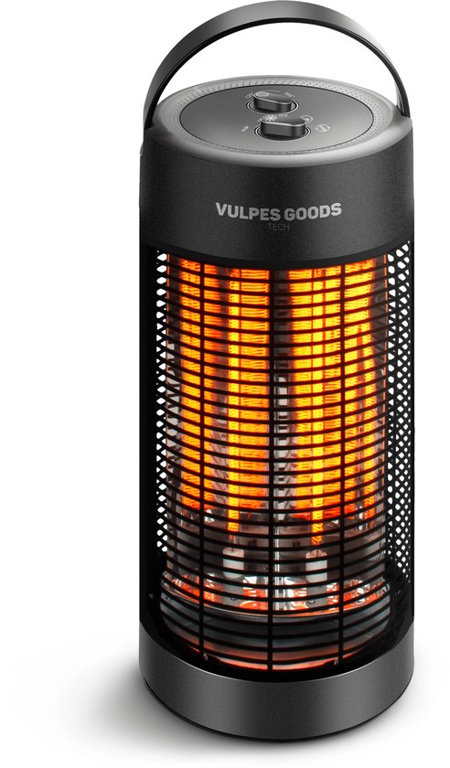 Vulpes Goods® Tech - Chauffage infrarouge - Réchaud électrique - Réchaud infrarouge - Chauffage d'appoint intérieur et extérieur - 1200W - Rotation 120°/360° - 2 niveaux de chaleur - Compact et portable - Silencieux - Résistant à l'eau IPX4 - Noir