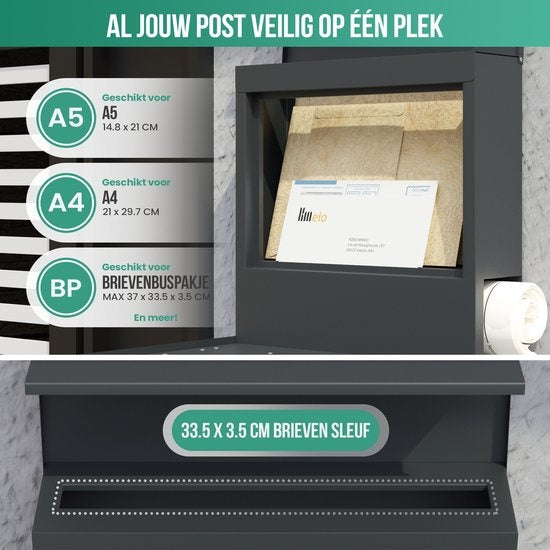 Boîte aux lettres Avalo en acier inoxydable Anthracite avec compartiment à journaux et serrure - Matériel de montage et 2 clés inclus