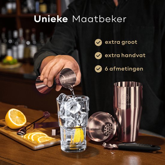 Set à cocktails BarDeluxe® - 12 pièces - Shaker 750 ml - Acier inoxydable - Avec coffret cadeau de luxe - Sac de rangement et livre de recettes - Or rose
