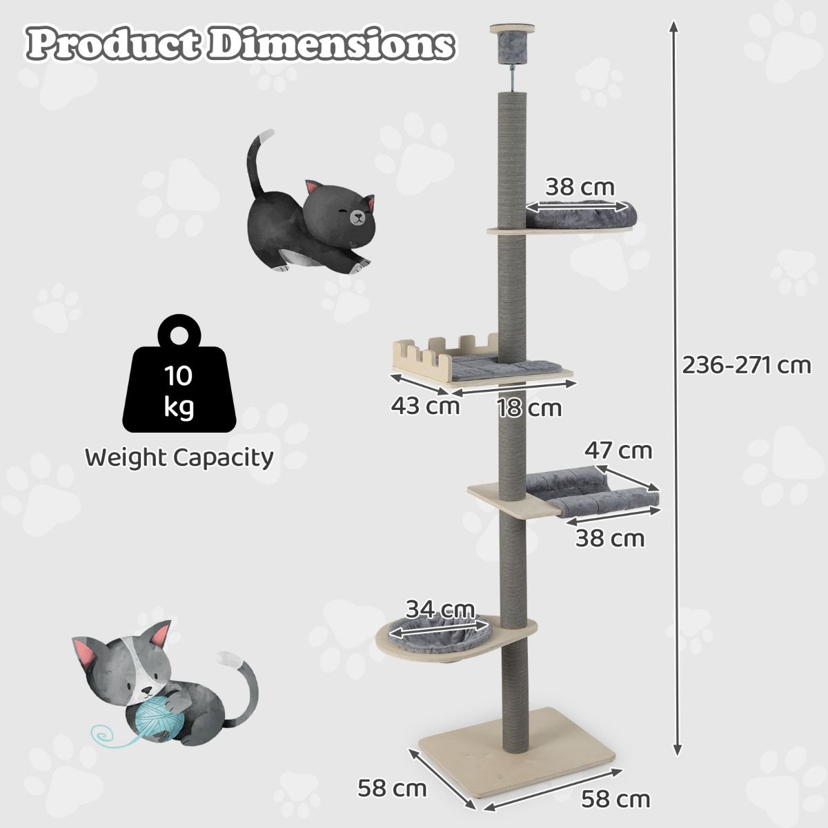 Arbre à chat Coast, sol-plafond, 5 niveaux, hauteur réglable de 236 à 271 cm - Gris