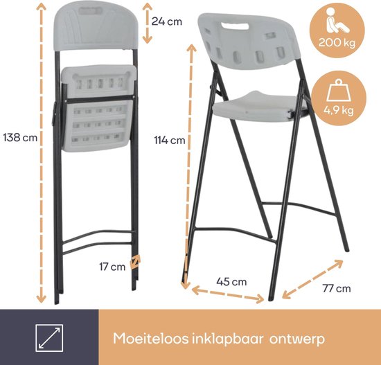 Chaise pliante haute pour l'intérieur et l'extérieur, tabouret de bar, avec dossier et repose-pieds, en plastique, peu encombrante, idéale pour les événements, les fêtes et la restauration, avec structure en acier et assise résistante aux intempéries, 45