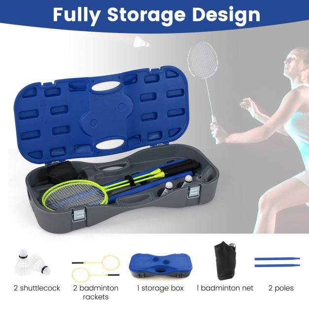 Coast Badminton set - Filet, 2 raquettes, 2 volants et boîte de rangement inclus - 270 x 33,5 x 160 cm - bleu