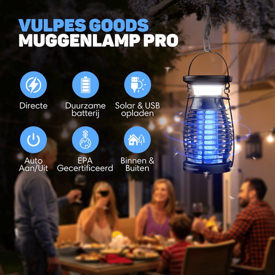 Vulpes Goods® Repellent - Mosquito lamp PRO - Electric Insect Killer - Fly lamp - Insect lamp - UV mode & Night light - Suspendable - Rechargeable & Solar - Waterproof - Incl. collection tray & cleaning brush