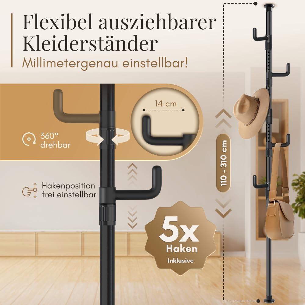 LOBUX® - Porte-manteau extensible, 5 crochets [noir, 110-310cm] - porte-manteau télescopique stable - porte-manteau gain de place, métal - valet de chambre - porte-manteau couloir - porte-manteau balcon