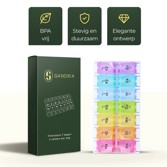 Boîte à pilules Gandria 7 jours - Boîte à pilules - Boîte à pilules avec 14 compartiments - Boîte à médicaments avec fermeture solide - Grands compartiments - Différentes couleurs