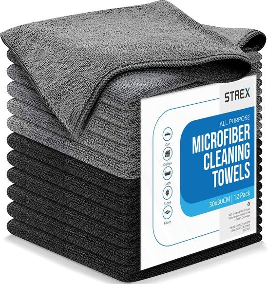 Strex Microfibre Wipes - 12 pièces 30 x 30 cm - Lavable - Lingettes nettoyantes - Nettoyage / Voiture