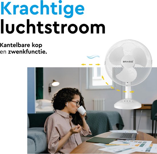 BRASQ Ventilateur de table - 30 cm - Blanc - 3 vitesses - Ventilateur de table - 40 watts