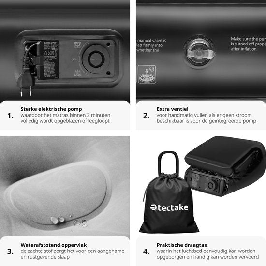 tectake® - Matelas gonflable AirDreams avec pompe électrique - Sac de transport avec cordon de serrage inclus - Résistant à l'eau - Chambre à coucher - Camping - Lit d'appoint - Dimensions (LxLxH) 200 x 148 x 44 cm