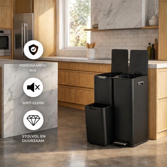 Bayt Poubelle - Poubelle 60 litres - Poubelle 60 litres - Poubelle à pédale 60 litres - Poubelle tri sélectif - Poubelle 3 compartiments - Poubelle - inox - Noir