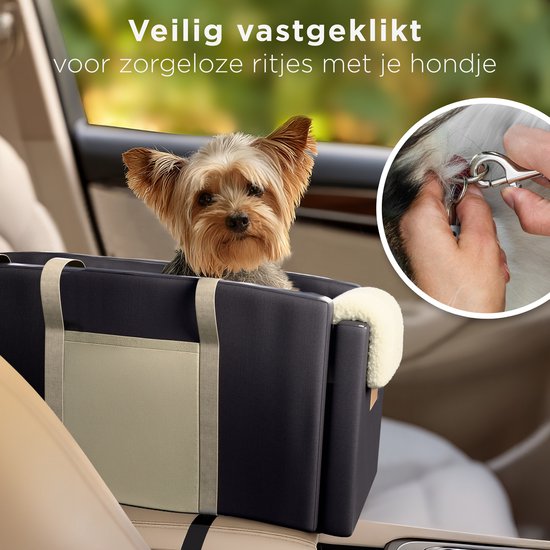 CozySense® Siège auto pour chien - Panier auto pour chien avec housse lavable - Pour petit chien - S'adapte à la console centrale - Sert également de sac de transport - Noir/Beige