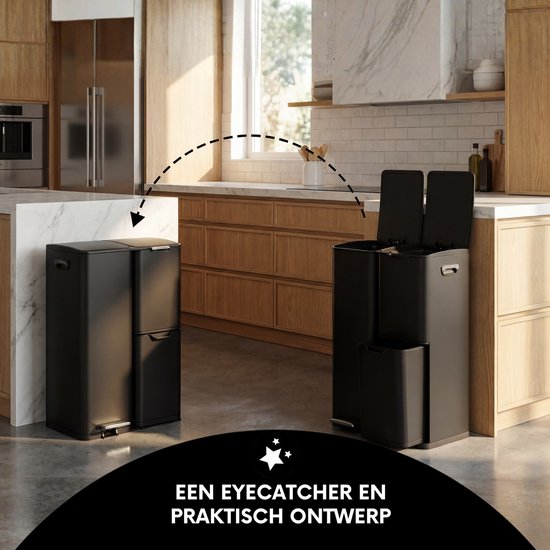Bayt Poubelle - Poubelle 60 litres - Poubelle 60 litres - Poubelle à pédale 60 litres - Poubelle tri sélectif - Poubelle 3 compartiments - Poubelle - inox - Noir