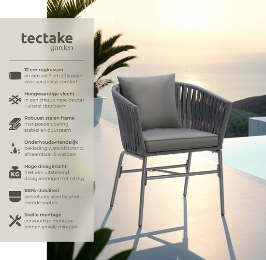 tectake® Chaise de jardin, lot de 2, chaise d'extérieur en métal, chaise de patio avec accoudoirs, chaise longue, fauteuil de jardin, mobilier de jardin, mobilier de balcon, set de jardin lounge, coussins déperlants, pieds réglables