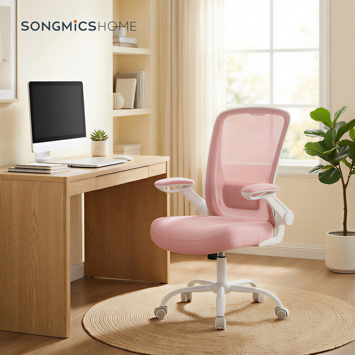 Chaise de bureau ergonomique Joyfurnos rose - Soutien lombaire réglable et accoudoirs rabattables - 60 x 64 x 103-110 cm