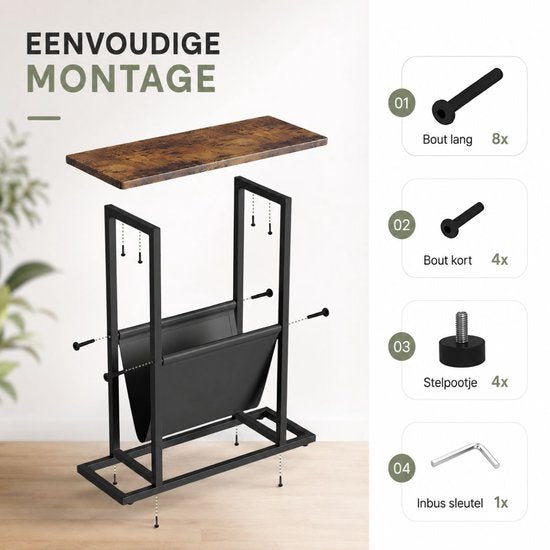 Table d'appoint Ceruzo avec porte-revues – Étroite – Noir et marron - H 55 cm