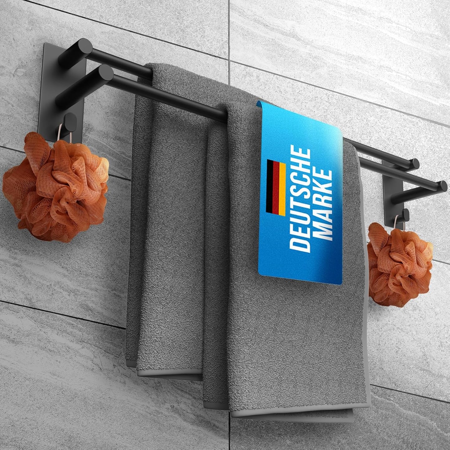 LOBUX® - Porte-serviettes sans percer noir - 80cm, inox - Porte-serviettes salle de bain double, autocollant - Barre porte-serviettes, porte-serviettes de bain incl. 2 crochets porte-serviettes - Salle de bain, paroi de douche, cuisine