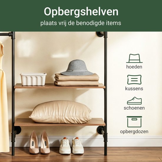 Portemanteau mural SoBuy avec 4 tringles et 4 étagères en MDF, penderie ouverte, capacité de charge de 120 kg pour chambre à coucher, 265 x 48 x 220 cm, noir industriel KLS19-SCH